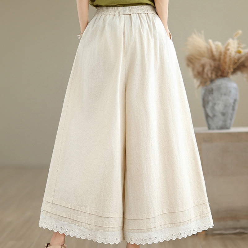 Pantalon en coton à jambes larges pour femme, longueur 7-8, motif dentelle simple, avec poches, Buddha Stones Commute - image 4