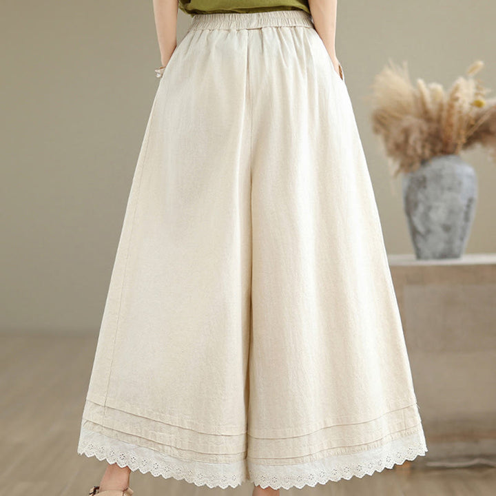 Pantalon en coton à jambes larges pour femme, longueur 7-8, motif dentelle simple, avec poches, Buddha Stones Commute - image 4