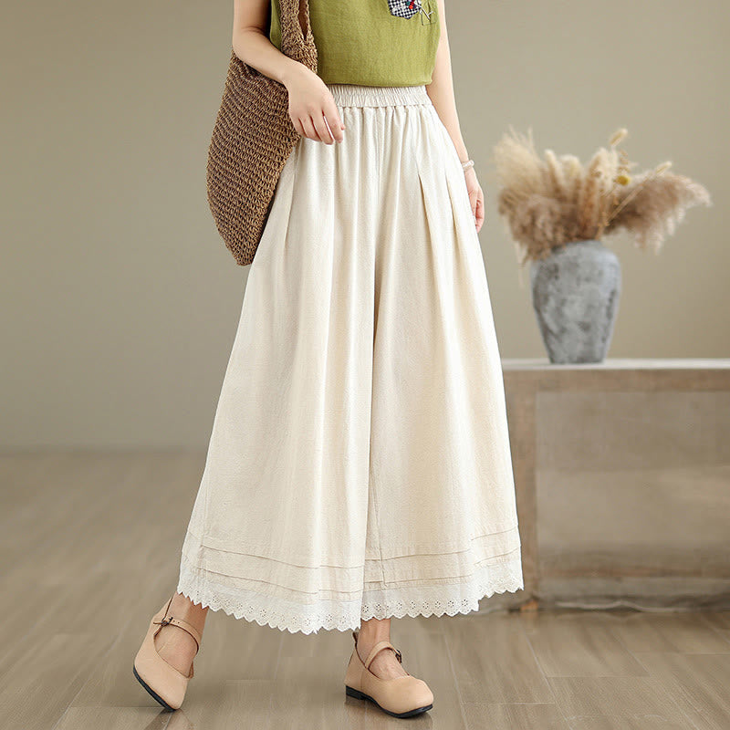 Pantalon en coton à jambes larges pour femme, longueur 7-8, motif dentelle simple, avec poches, Buddha Stones Commute - Beige - US6，UK/AU10，EU38 (XL) - image 0