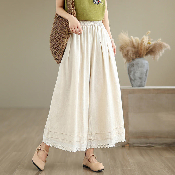 Pantalon en coton à jambes larges pour femme, longueur 7-8, motif dentelle simple, avec poches, Buddha Stones Commute - Beige - US6，UK/AU10，EU38 (XL) - image 0