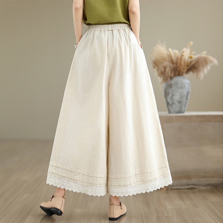Pantalon en coton à jambes larges pour femme, longueur 7-8, motif dentelle simple, avec poches, Buddha Stones Commute - image 1