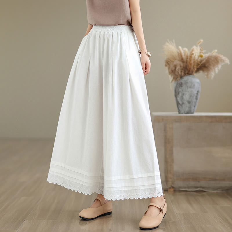 Pantalon en coton à jambes larges pour femme, longueur 7-8, motif dentelle simple, avec poches, Buddha Stones Commute - Blanc - US6，UK/AU10，EU38 (XL) - image 16