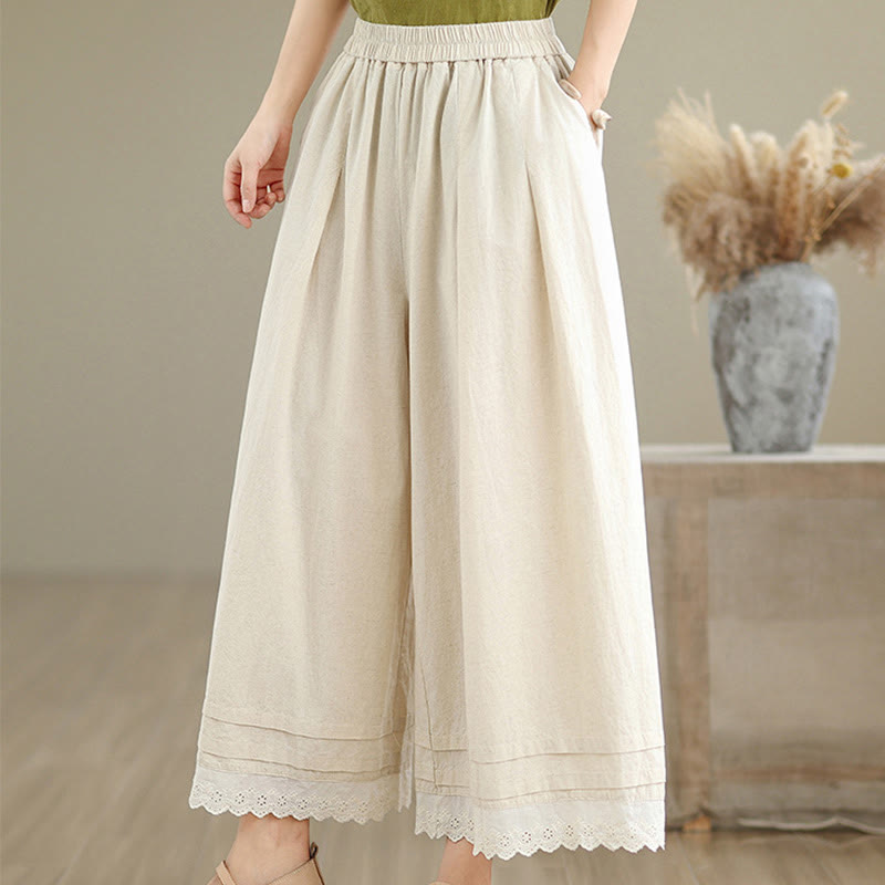 Pantalon en coton à jambes larges pour femme, longueur 7-8, motif dentelle simple, avec poches, Buddha Stones Commute - image 5