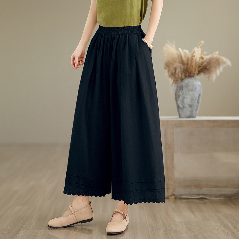 Pantalon en coton à jambes larges pour femme, longueur 7-8, motif dentelle simple, avec poches, Buddha Stones Commute - Noir - US6，UK/AU10，EU38 (XL) - image 11