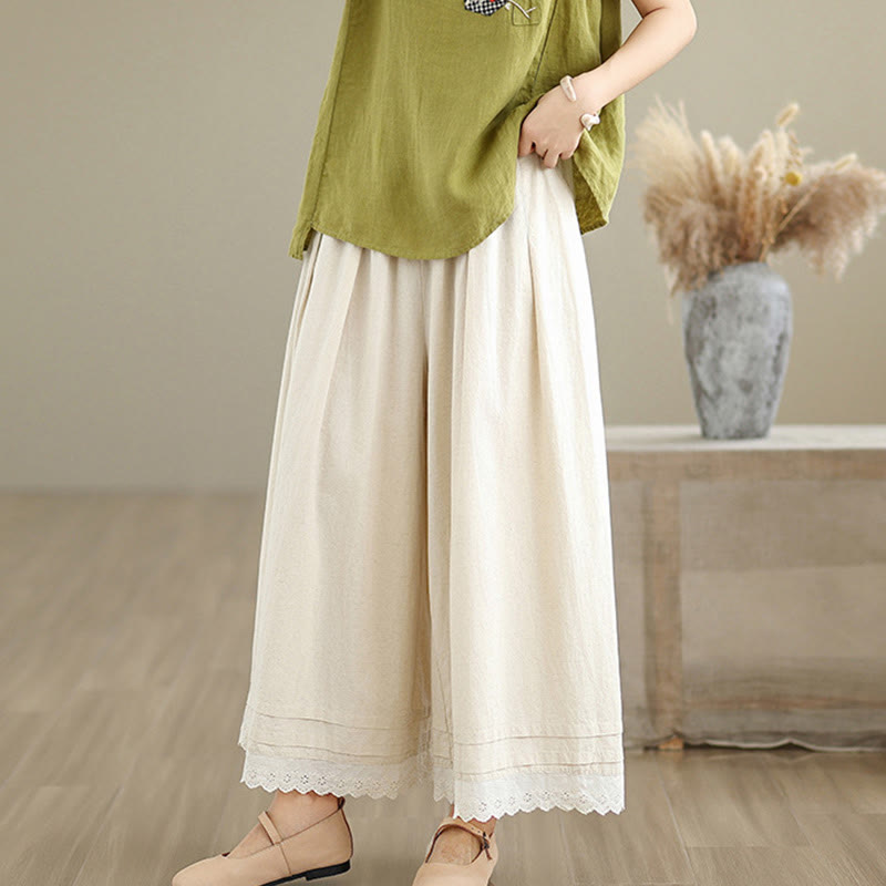 Pantalon en coton à jambes larges pour femme, longueur 7-8, motif dentelle simple, avec poches, Buddha Stones Commute - image 2