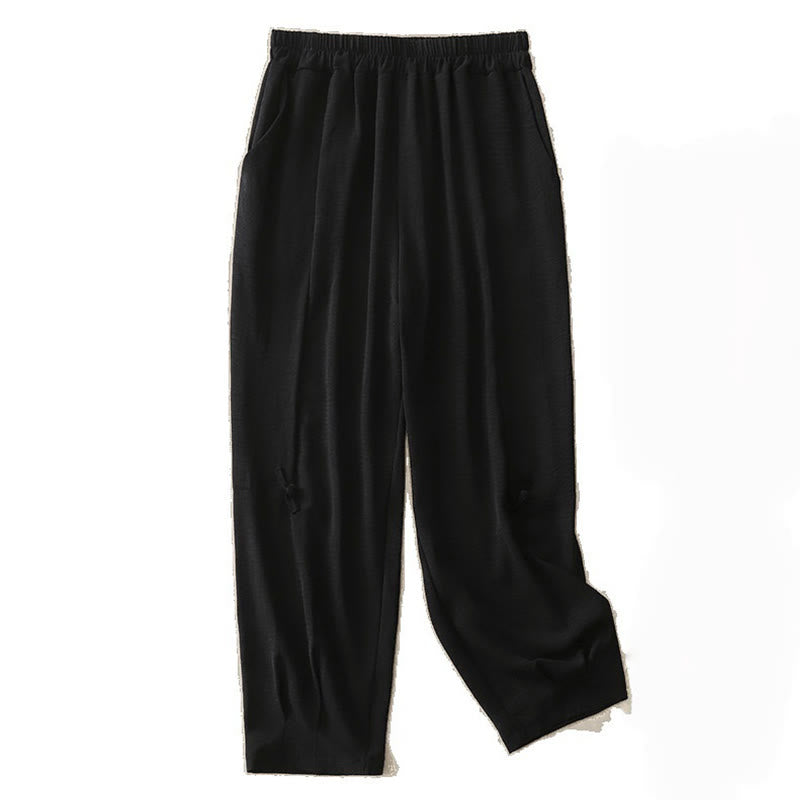 Pantalon décontracté en coton et lin pour femme, style Buddha Stones uni, avec poches, longueur 7-8, motif grenouille et boutons - image 13