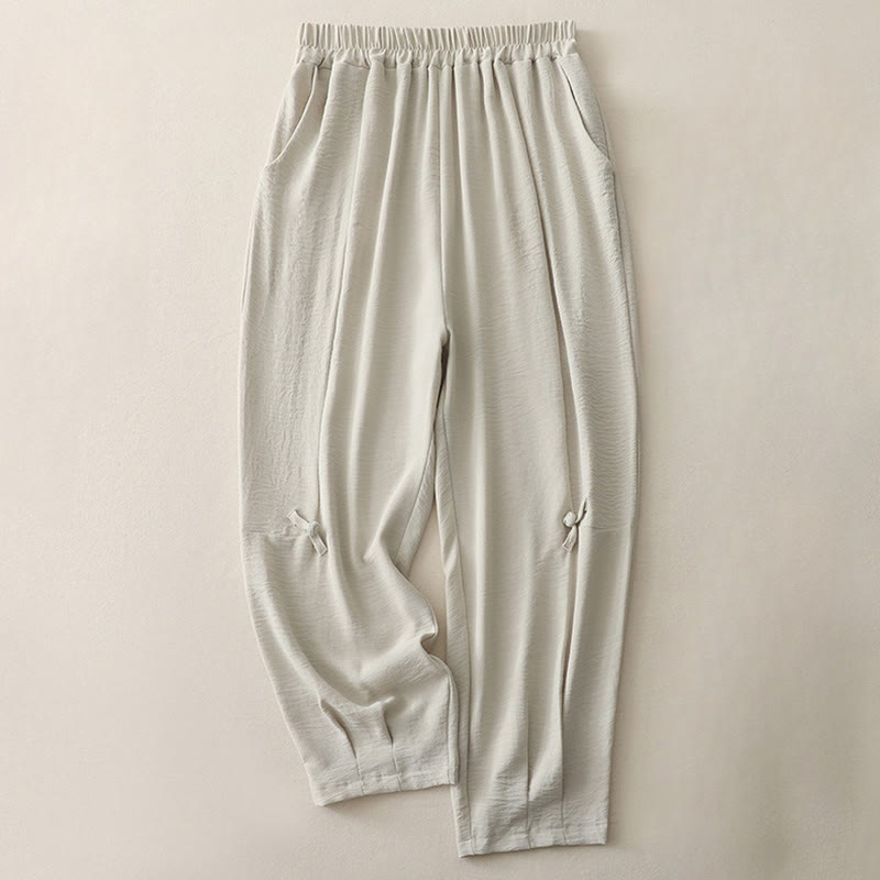 Pantalon décontracté en coton et lin pour femme, style Buddha Stones uni, avec poches, longueur 7-8, motif grenouille et boutons - Lin - US8-10，UK/AU12-14，EU40-42 (2XL) - image 0