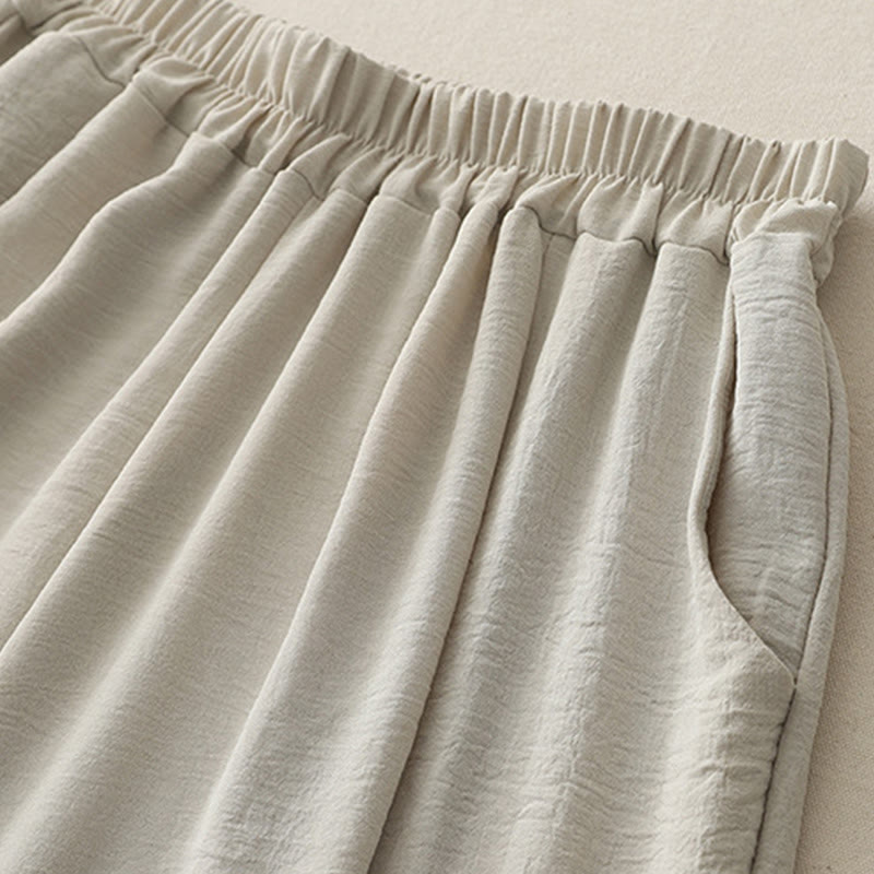 Pantalon décontracté en coton et lin pour femme, style Buddha Stones uni, avec poches, longueur 7-8, motif grenouille et boutons - image 4
