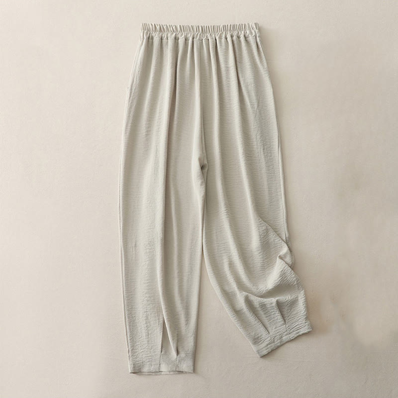Pantalon décontracté en coton et lin pour femme, style Buddha Stones uni, avec poches, longueur 7-8, motif grenouille et boutons - image 1