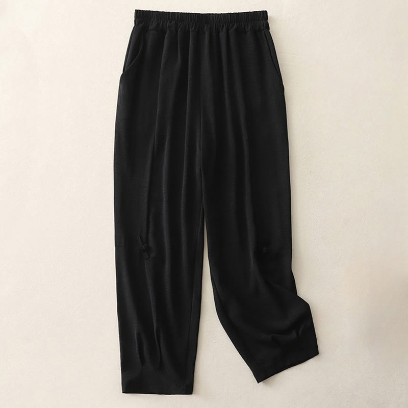 Pantalon décontracté en coton et lin pour femme, style Buddha Stones uni, avec poches, longueur 7-8, motif grenouille et boutons - Noir - US8-10，UK/AU12-14，EU40-42 (2XL) - image 9