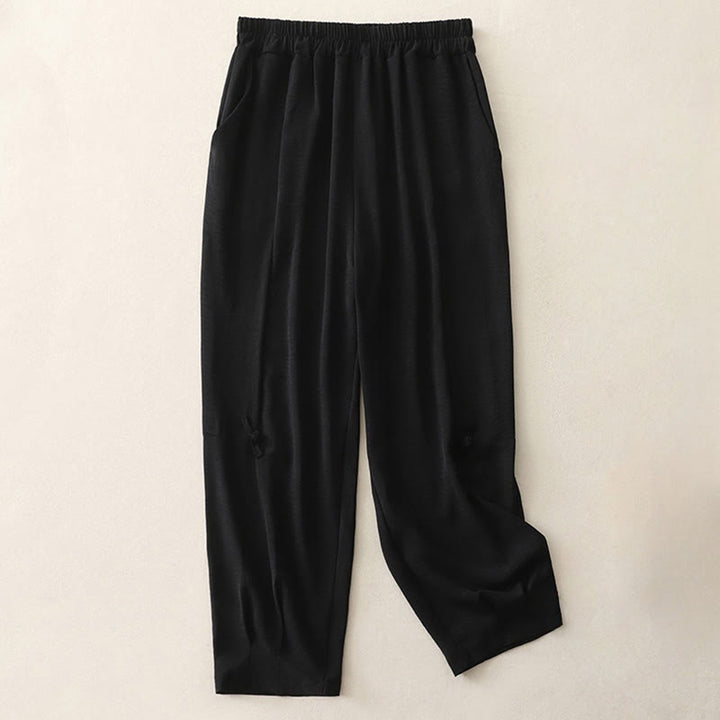 Pantalon décontracté en coton et lin pour femme, style Buddha Stones uni, avec poches, longueur 7-8, motif grenouille et boutons - Noir - US8-10，UK/AU12-14，EU40-42 (2XL) - image 9
