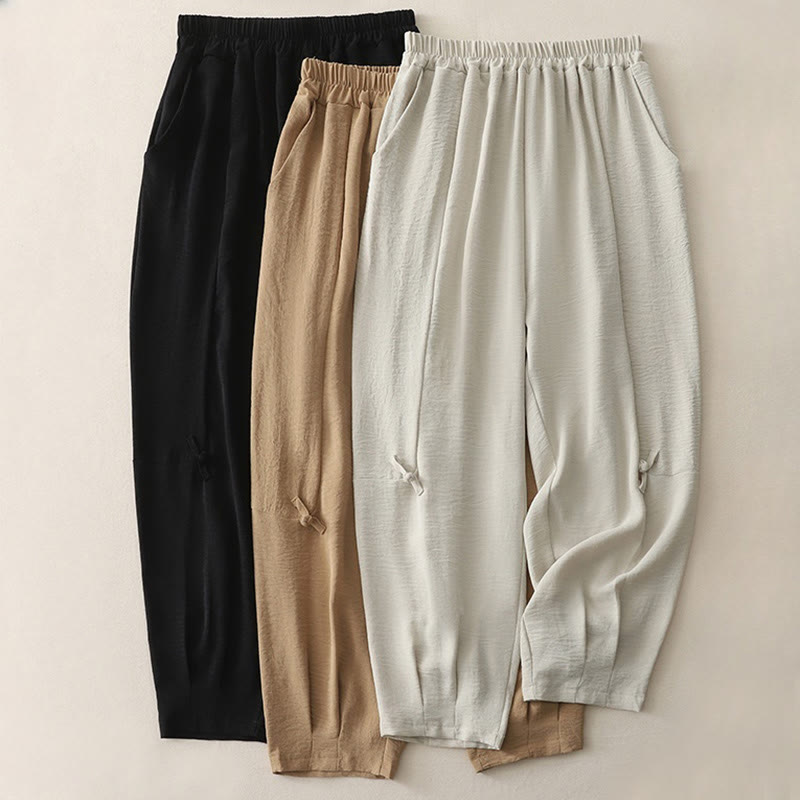 Pantalon décontracté en coton et lin pour femme, style Buddha Stones uni, avec poches, longueur 7-8, motif grenouille et boutons - image 18