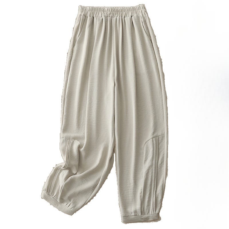 Pantalon Buddha Stones en coton et lin pour femme, uni, plissé, longueur 7-8, avec poches, collection été - image 4