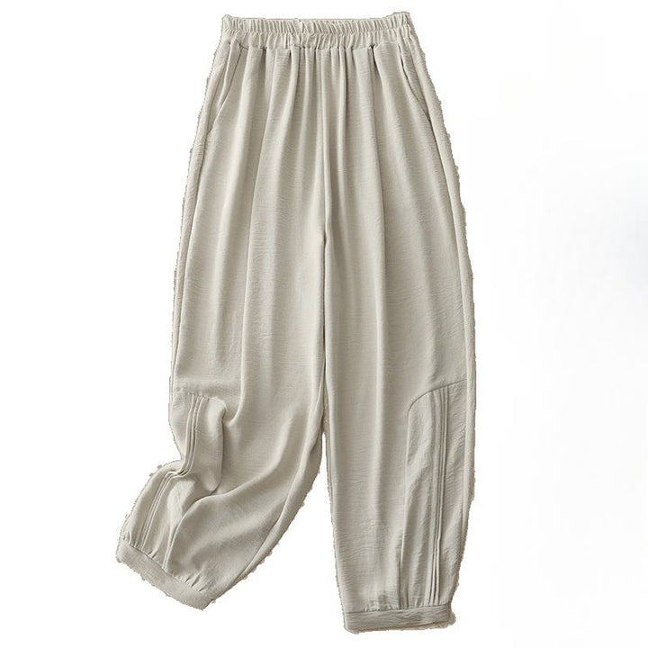 Pantalon Buddha Stones en coton et lin pour femme, uni, plissé, longueur 7-8, avec poches, collection été - image 4