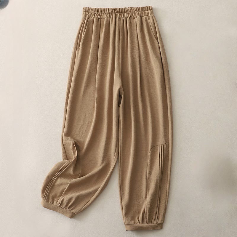 Pantalon Buddha Stones en coton et lin pour femme, uni, plissé, longueur 7-8, avec poches, collection été - Pérou - US8-10，UK/AU12-14，EU40-42 (2XL) - image 0