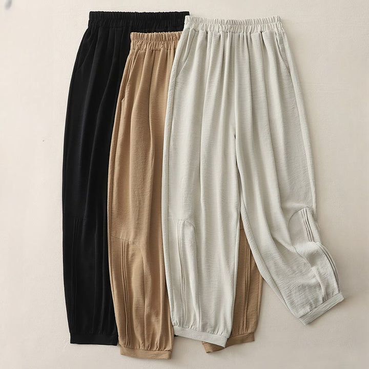 Pantalon Buddha Stones en coton et lin pour femme, uni, plissé, longueur 7-8, avec poches, collection été - image 5
