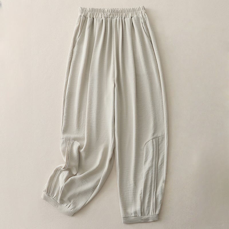 Pantalon Buddha Stones en coton et lin pour femme, uni, plissé, longueur 7-8, avec poches, collection été - Lin - US8-10，UK/AU12-14，EU40-42 (2XL) - image 2