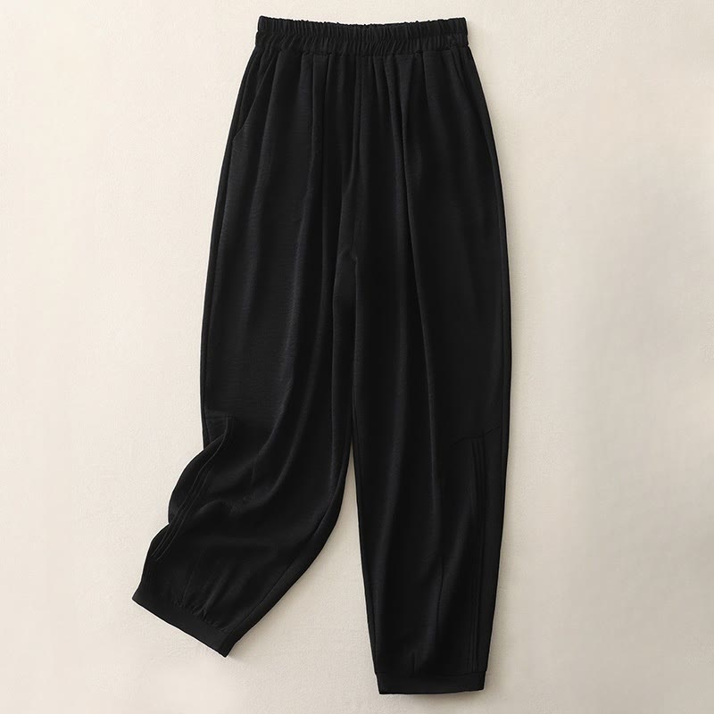 Pantalon Buddha Stones en coton et lin pour femme, uni, plissé, longueur 7-8, avec poches, collection été - Noir - US8-10，UK/AU12-14，EU40-42 (2XL) - image 1