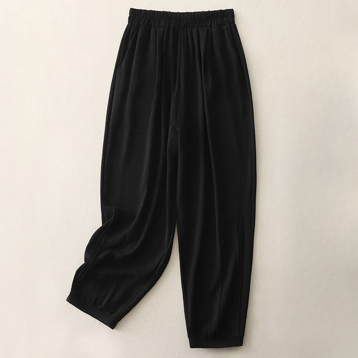 Pantalon Buddha Stones en coton et lin pour femme, uni, plissé, longueur 7-8, avec poches, collection été - Noir - US8-10，UK/AU12-14，EU40-42 (2XL) - image 1