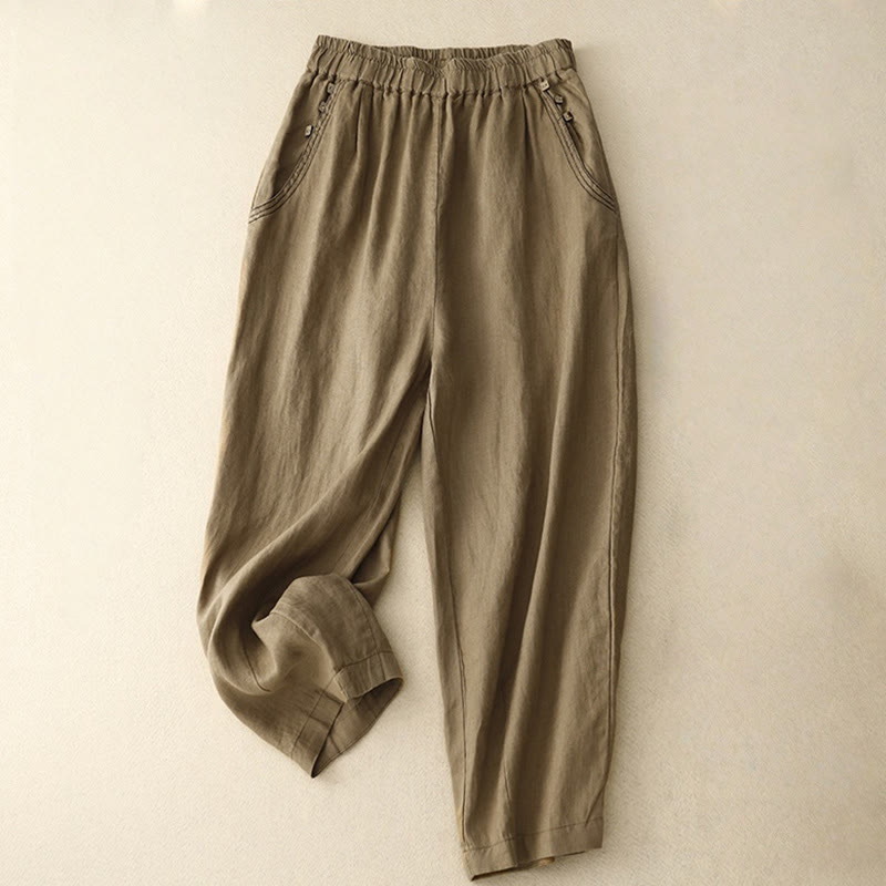 Pantalon sarouel décontracté en coton avec poches pour femme, motif Buddha Stones, boutons de couleur pure, longueur 7-8 - SaddleBrown - US8-10，UK/AU12-14，EU40-42 (2XL) - image 0