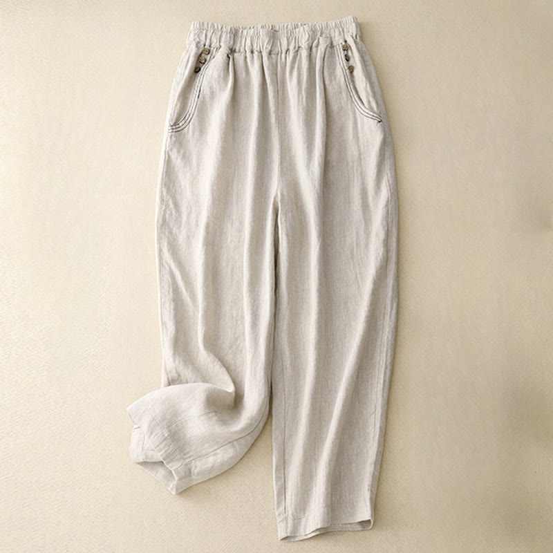 Pantalon sarouel décontracté en coton avec poches pour femme, motif Buddha Stones, boutons de couleur pure, longueur 7-8 - Lin - US8-10，UK/AU12-14，EU40-42 (2XL) - image 3