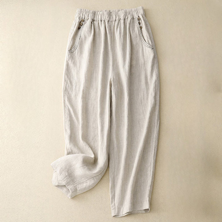Pantalon sarouel décontracté en coton avec poches pour femme, motif Buddha Stones, boutons de couleur pure, longueur 7-8 - Lin - US8-10，UK/AU12-14，EU40-42 (2XL) - image 3