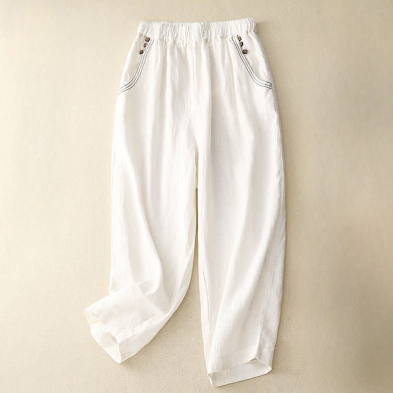 Pantalon sarouel décontracté en coton avec poches pour femme, motif Buddha Stones, boutons de couleur pure, longueur 7-8 - Blanc - US8-10，UK/AU12-14，EU40-42 (2XL) - image 11
