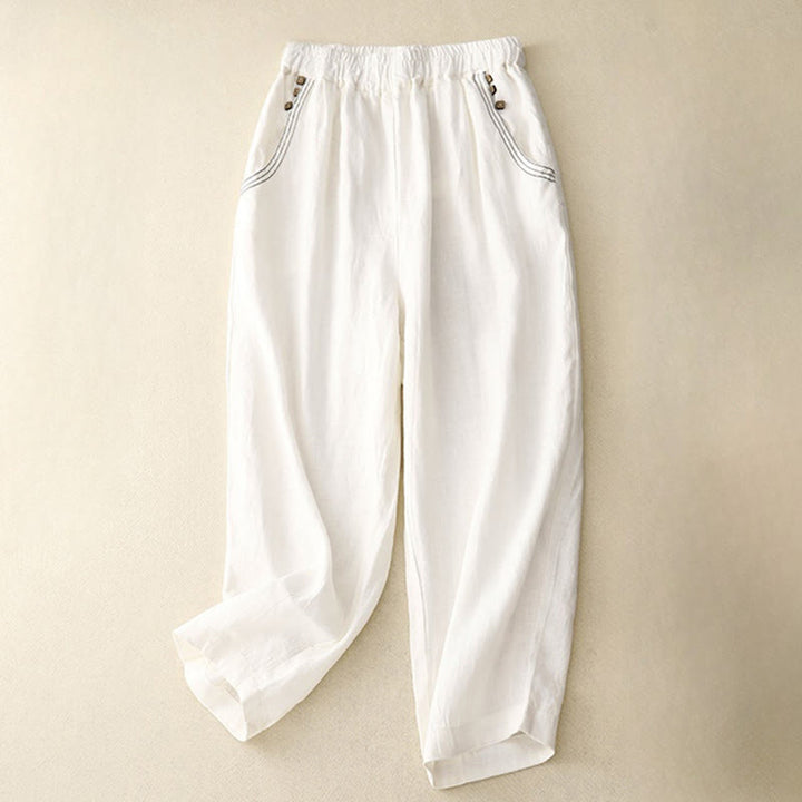 Pantalon sarouel décontracté en coton avec poches pour femme, motif Buddha Stones, boutons de couleur pure, longueur 7-8 - Blanc - US8-10，UK/AU12-14，EU40-42 (2XL) - image 11