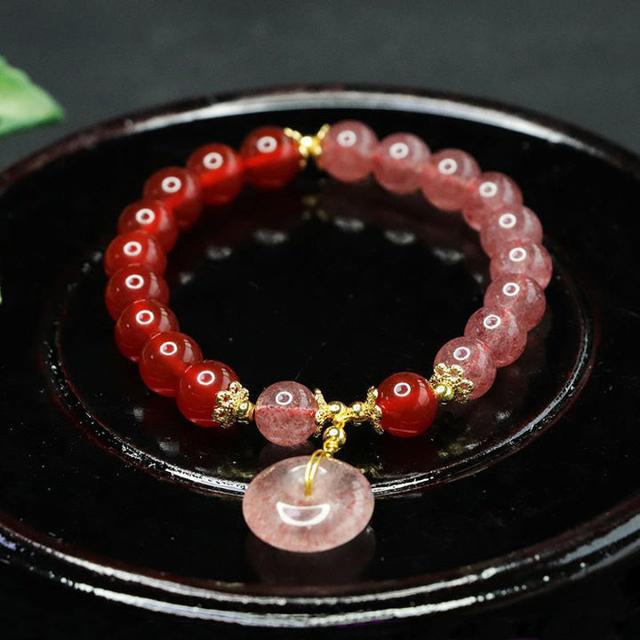 Bracelet porte-bonheur positif en quartz Buddha Stones et agate rouge avec boucle de paix