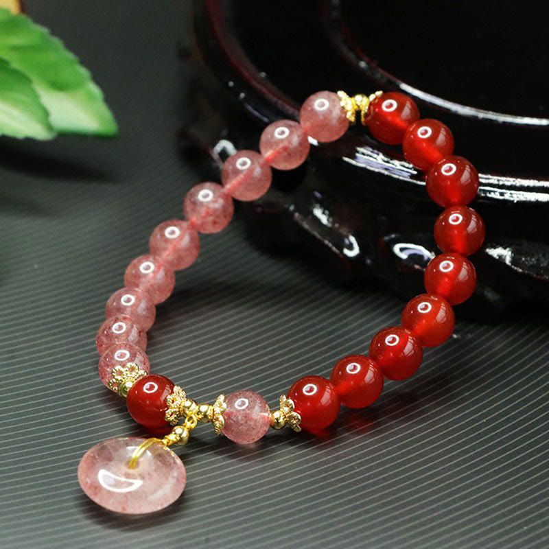 Bracelet porte-bonheur positif en quartz Buddha Stones et agate rouge avec boucle de paix