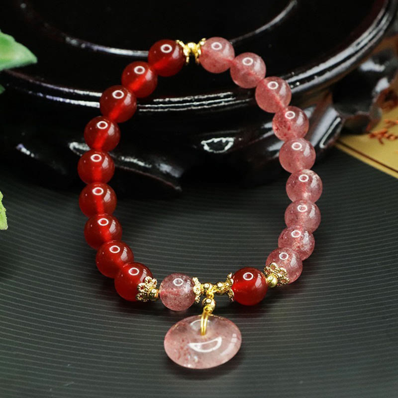 Bracelet porte-bonheur positif en quartz Buddha Stones et agate rouge avec boucle de paix