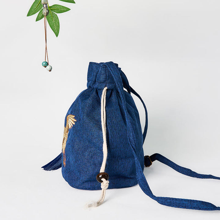 Sac à bandoulière en coton et lin brodé de Buddha Stones , motif grue bleu marine