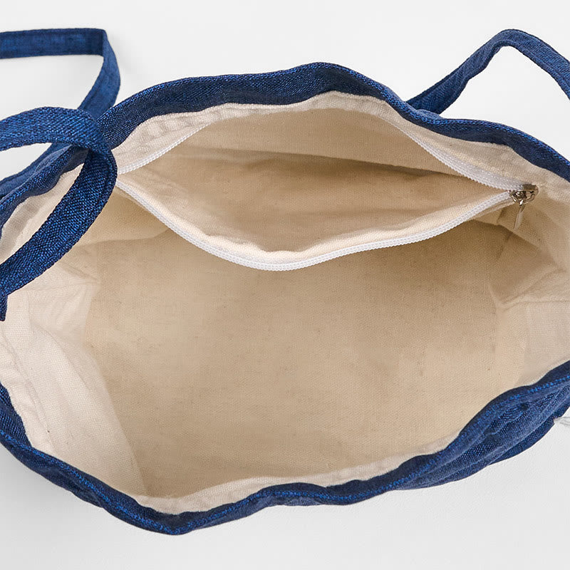 Sac à bandoulière en coton et lin brodé de Buddha Stones , motif grue bleu marine