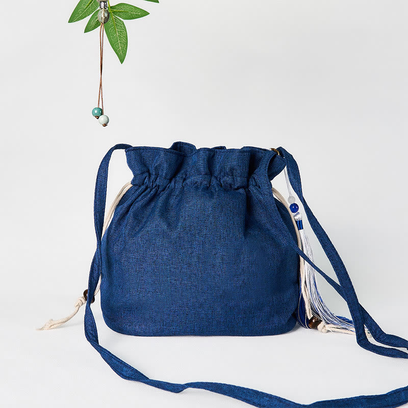 Sac à bandoulière en coton et lin brodé de Buddha Stones , motif grue bleu marine