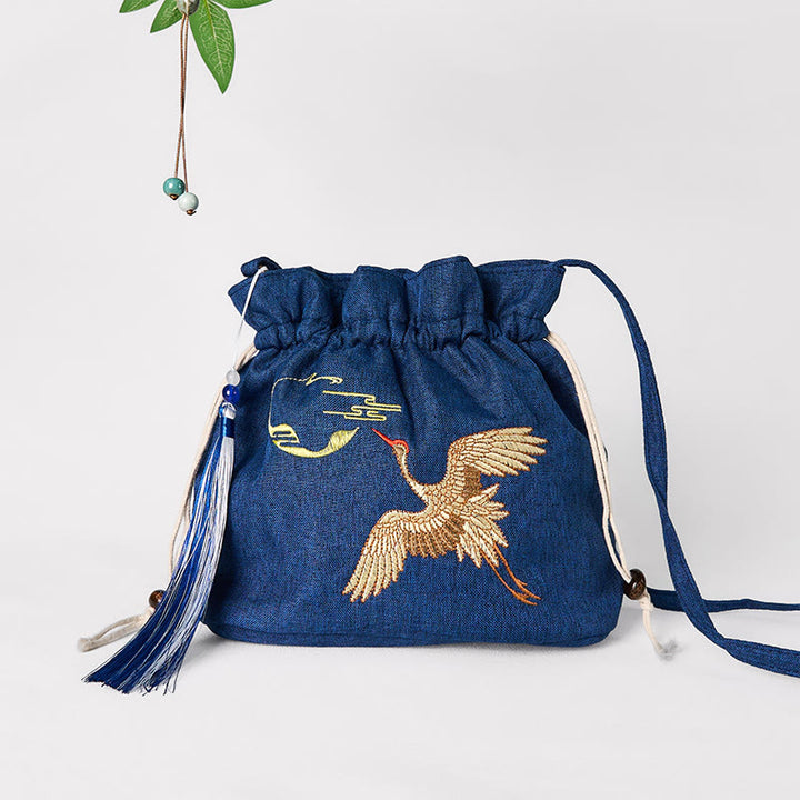 Sac à bandoulière en coton et lin brodé de Buddha Stones , motif grue bleu marine