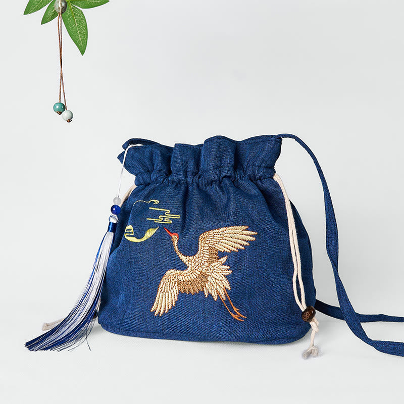 Sac à bandoulière en coton et lin brodé de Buddha Stones , motif grue bleu marine