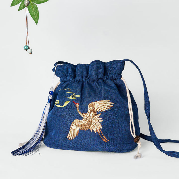Sac à bandoulière en coton et lin brodé de Buddha Stones , motif grue bleu marine