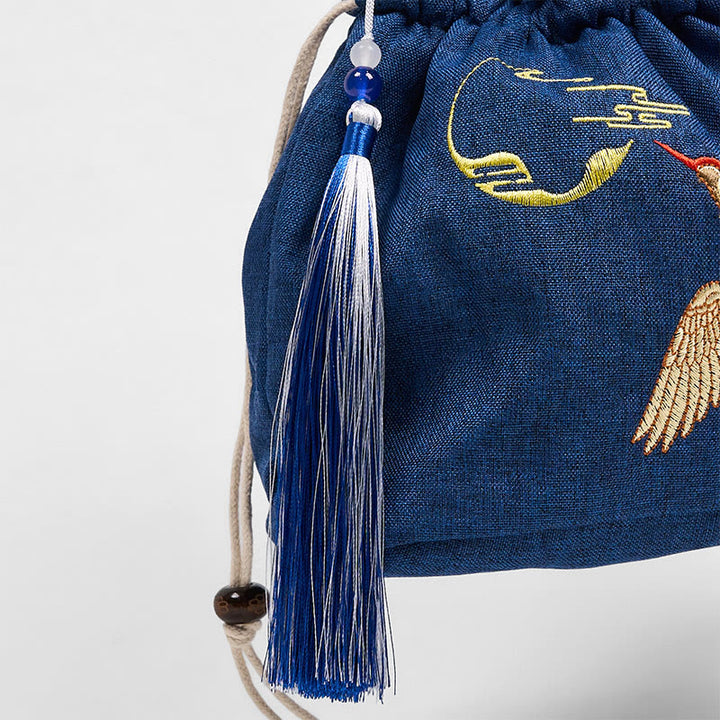 Sac à bandoulière en coton et lin brodé de Buddha Stones , motif grue bleu marine