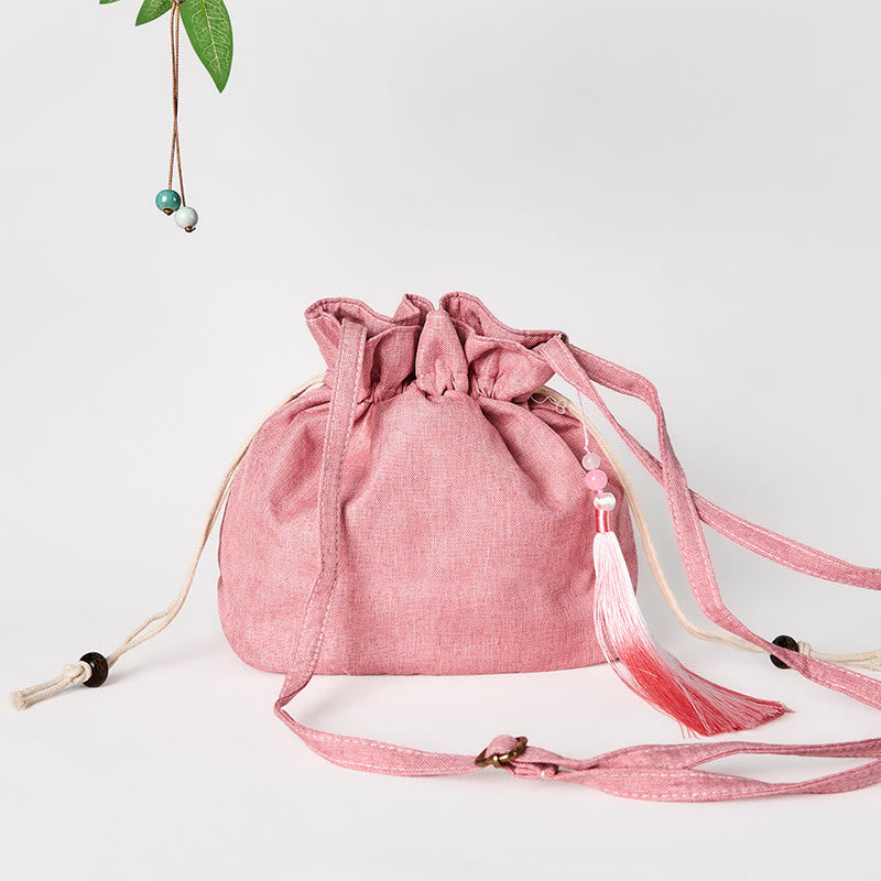 Sac à bandoulière en coton et lin brodé de Buddha Stones , motif lotus rose clair