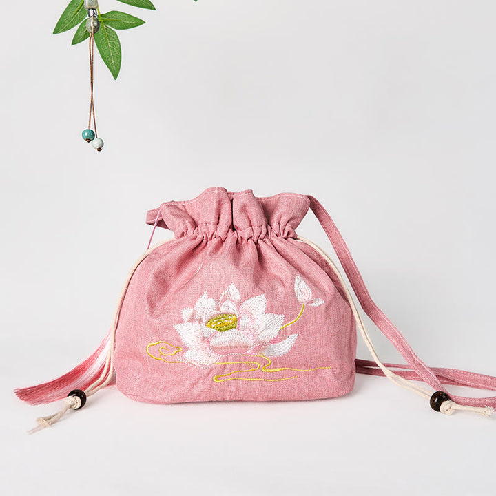 Sac à bandoulière en coton et lin brodé de Buddha Stones , motif lotus rose clair