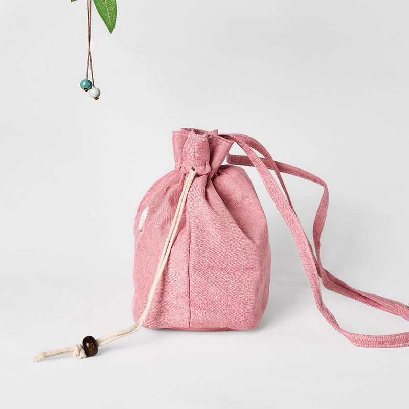 Sac à bandoulière en coton et lin brodé de Buddha Stones , motif lotus rose clair