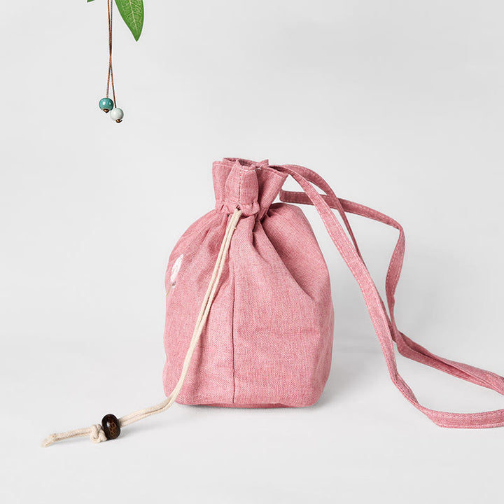 Sac à bandoulière en coton et lin brodé de Buddha Stones , motif lotus rose clair