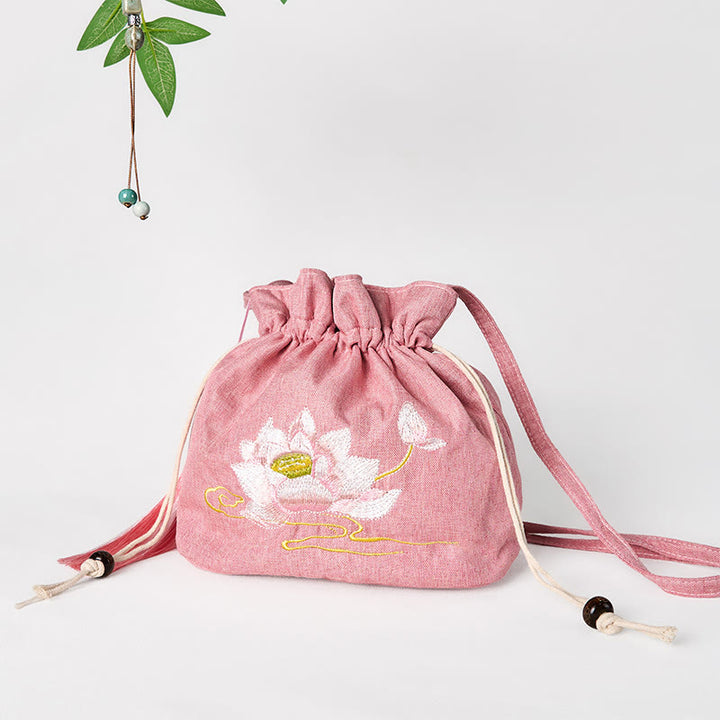 Sac à bandoulière en coton et lin brodé de Buddha Stones , motif lotus rose clair