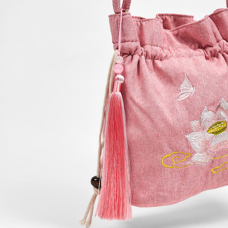 Sac à bandoulière en coton et lin brodé de Buddha Stones , motif lotus rose clair