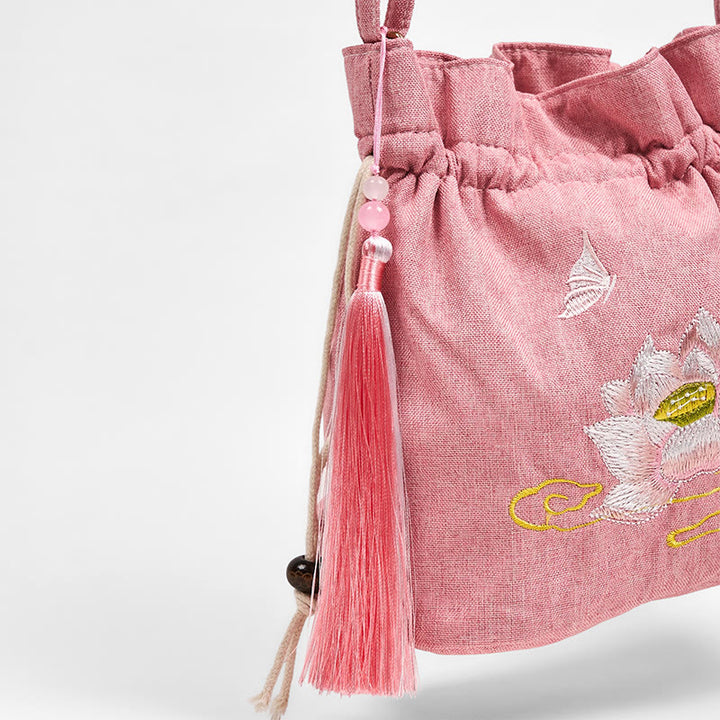 Sac à bandoulière en coton et lin brodé de Buddha Stones , motif lotus rose clair