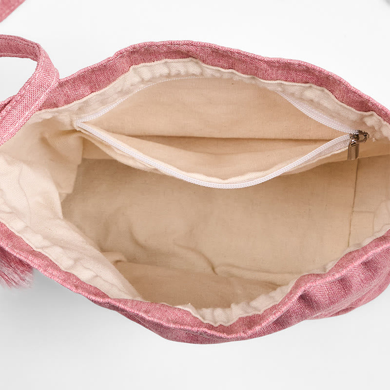 Sac à bandoulière en coton et lin brodé de Buddha Stones , motif lotus rose clair