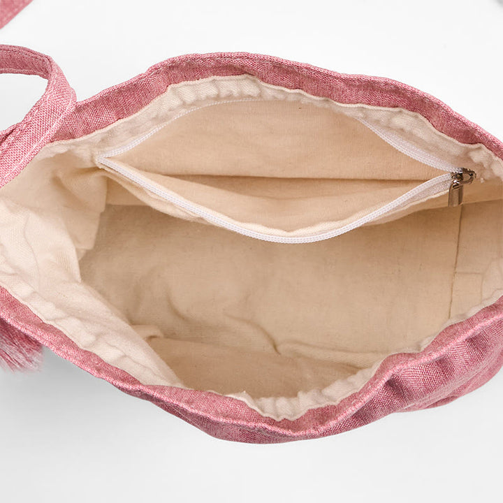 Sac à bandoulière en coton et lin brodé de Buddha Stones , motif lotus rose clair