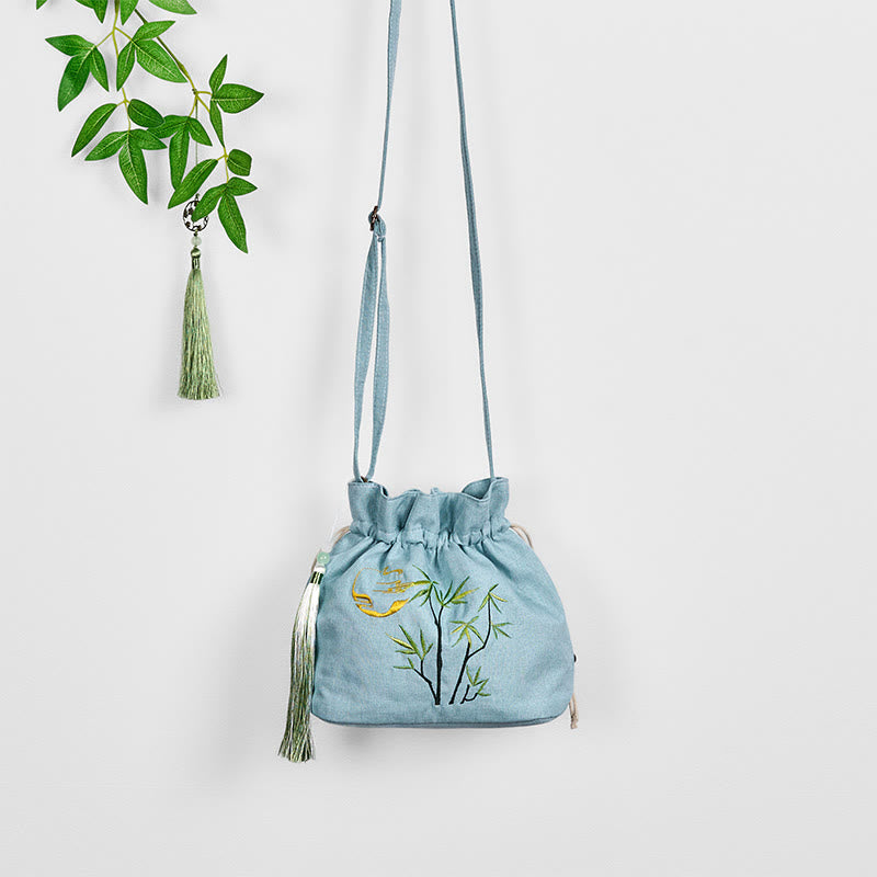 Sac à bandoulière en coton et lin de bambou vert brodé de Buddha Stones