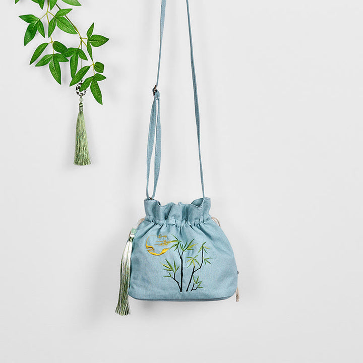 Sac à bandoulière en coton et lin de bambou vert brodé de Buddha Stones