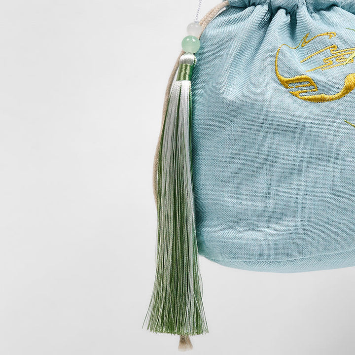 Sac à bandoulière en coton et lin de bambou vert brodé de Buddha Stones